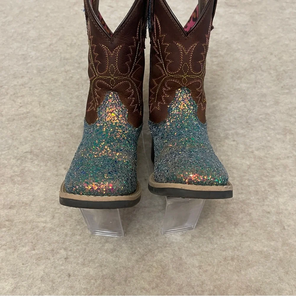 Shyanne Glitter Blue Teal Brown Square Toe Western Cowgirl Boots Girls Size 12